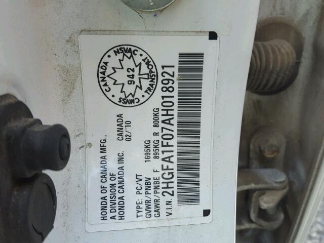 2HGFA1F07AH018921 - 2010 HONDA CIVIC EXL 白色 照片 10