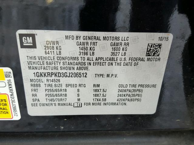 1GKKRPKD3GJ206512 - 2016 GMC ACADIA SLE BLACK photo 10