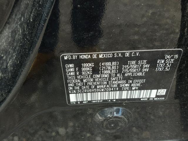 3CZRU6H59GM709414 - 2016 HONDA HR-V EX BLACK photo 10