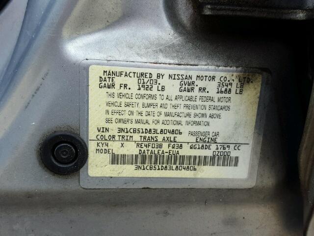 3N1CB51D83L804806 - 2003 NISSAN SENTRA XE/ SILVER photo 10