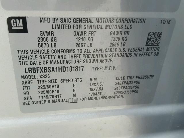 LRBFXBSA1HD101817 - 2017 BUICK ENVISION E SILVER photo 10