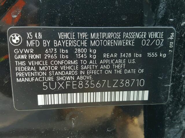 5UXFE83567LZ38710 - 2007 BMW X5 4.8I BLACK photo 10