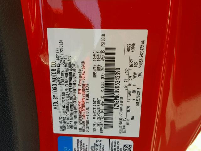 1ZVBP8CU9D5242390 - 2013 FORD MUSTANG BO RED photo 10