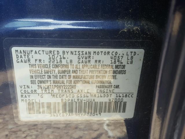 3N1CB7AP9HY222049 - 2017 NISSAN SENTRA SR BLUE photo 10