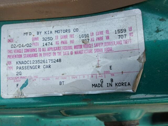 KNADC123526175248 - 2002 KIA RIO GREEN photo 10