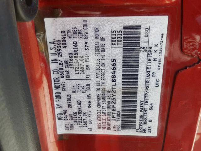 1FTEF25Y2TLB84665 - 1996 FORD F250 RED photo 10