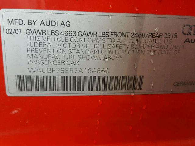 WAUBF78E97A194660 - 2007 AUDI A4 S-LINE RED photo 10