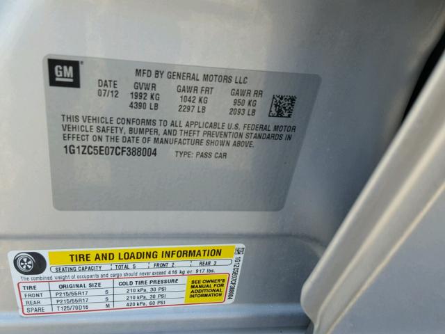 1G1ZC5E07CF388004 - 2012 CHEVROLET MALIBU 1LT ვერცხლისფერი ფოტო 10