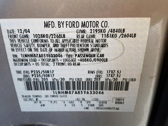 1LNHM87A85Y633046 - 2005 LINCOLN LS 银色 照片 10