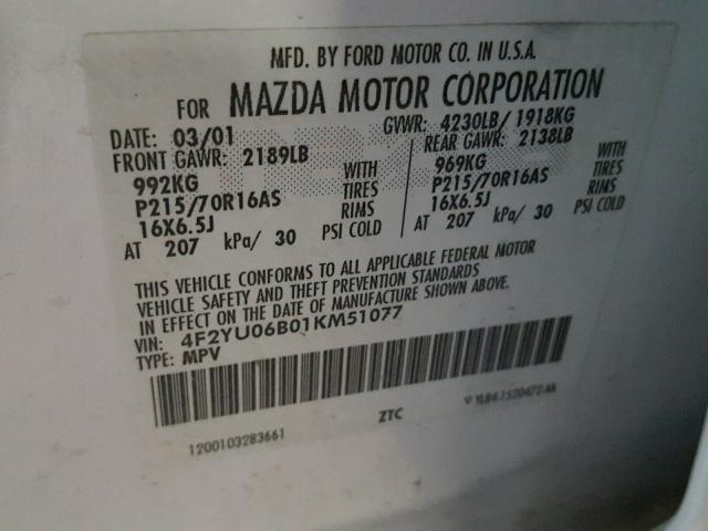 4F2YU06B01KM51077 - 2001 MAZDA TRIBUTE DX 白色 照片 10