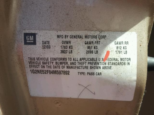 1G2NE52F84M597892 - 2004 PONTIAC GRAND AM S 金色 照片 10