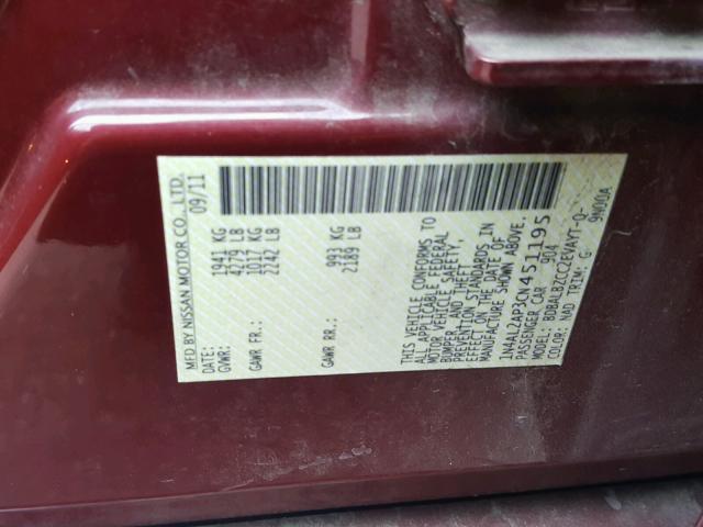 1N4AL2AP3CN451195 - 2012 NISSAN ALTIMA BAS BURGUNDY photo 10