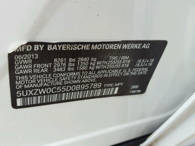 5UXZW0C55D0B95789 - 2013 BMW X5 XDRIVE3 WHITE photo 10