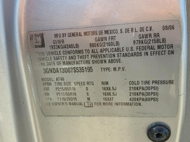 3GNDA13D07S535195 - 2007 CHEVROLET HHR LS SILVER photo 10