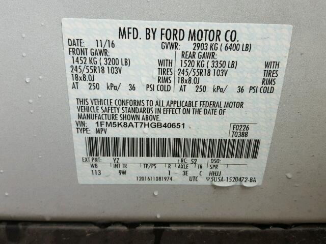 1FM5K8AT7HGB40651 - 2017 FORD EXPLORER P WHITE photo 10