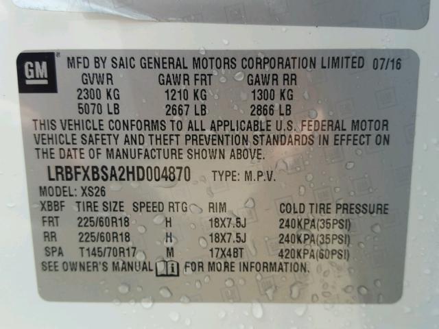 LRBFXBSA2HD004870 - 2017 BUICK ENVISION E WHITE photo 10