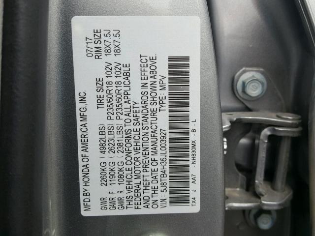 5J8TB4H35JL003927 - 2018 ACURA RDX BASE SILVER photo 10