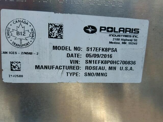 SN1EFK8P0HC700836 - 2017 POLARIS 800 RMK RED photo 10