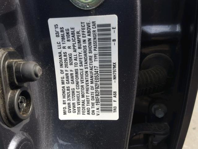 19XFB2F92FE053417 - 2015 HONDA CIVIC EXL Gümüş foto 10