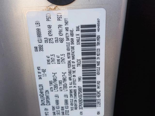 3D7KA28D43G750807 - 2003 DODGE RAM 2500 S SILVER photo 10