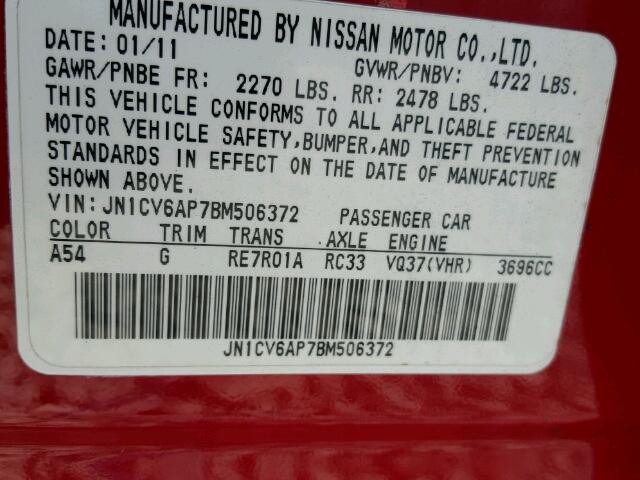 JN1CV6AP7BM506372 - 2011 INFINITI G37 BASE RED photo 10