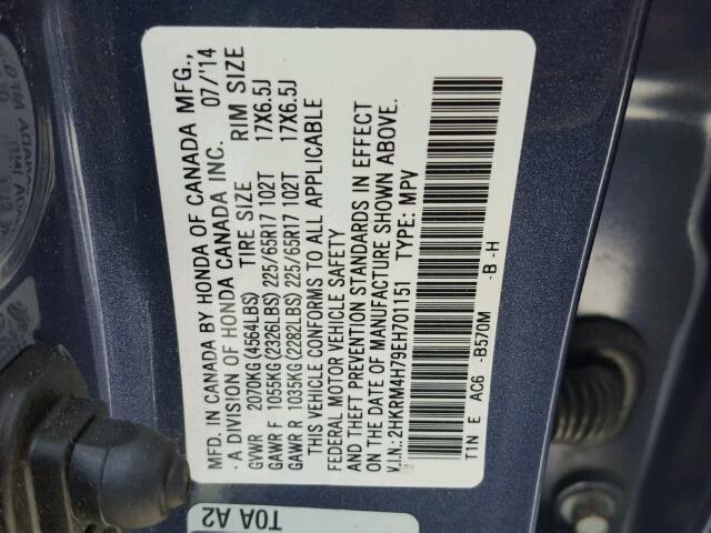 2HKRM4H79EH701151 - 2014 HONDA CR-V EXL BLUE photo 10