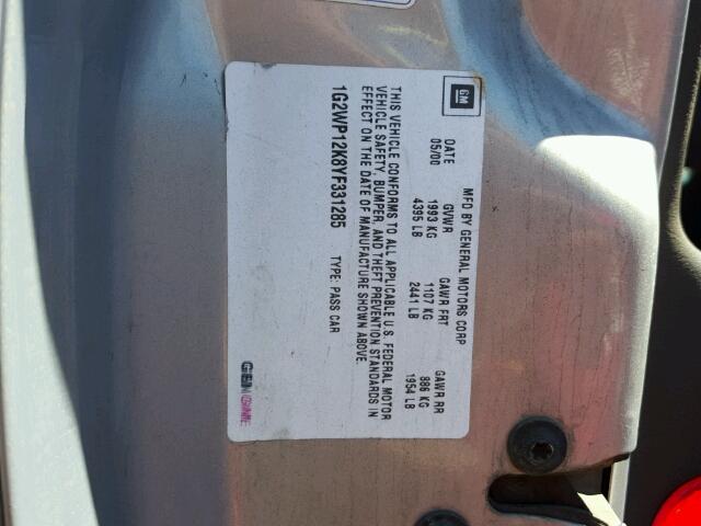 1G2WP12K8YF331285 - 2000 PONTIAC GRAND PRIX SILVER photo 10