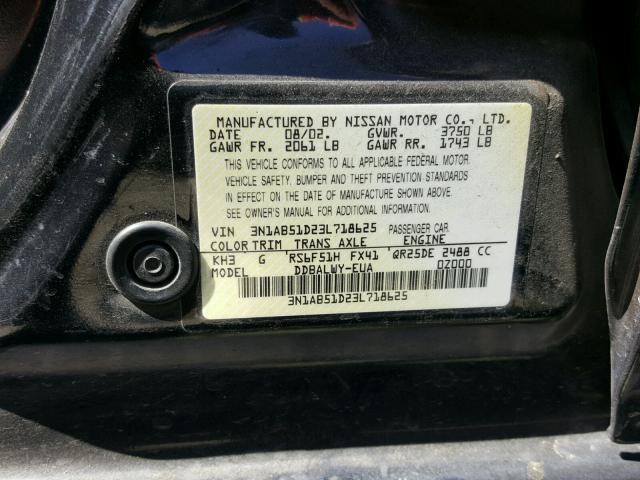 3N1AB51D23L718625 - 2003 NISSAN SENTRA SE- BLACK photo 10