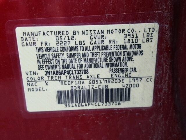 3N1AB6AP4CL733708 - 2012 NISSAN SENTRA 2.0 RED photo 10