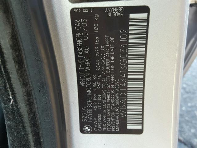 WBADT43413G034102 - 2003 BMW 525 I AUTO SILVER photo 10
