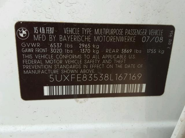5UXFE83538L167169 - 2008 BMW X5 4.8I WHITE photo 10