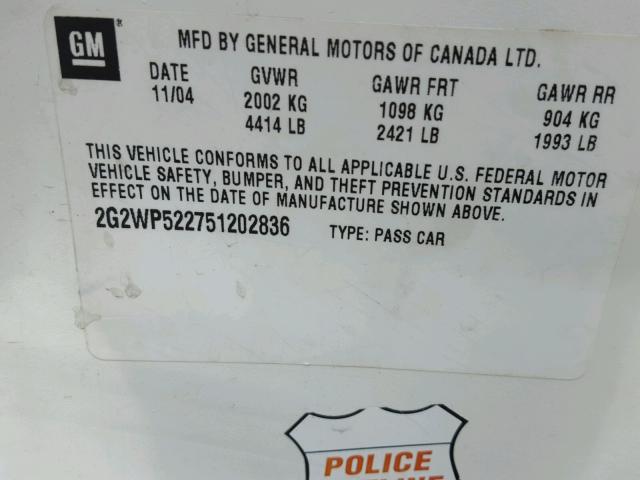 2G2WP522751202836 - 2005 PONTIAC GRAND PRIX WHITE photo 10