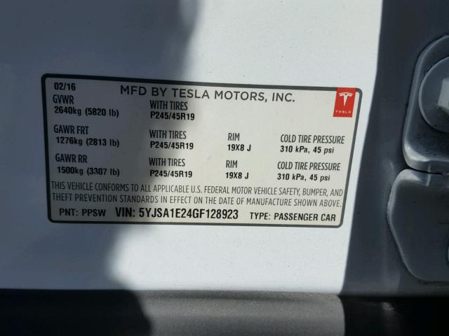 5YJSA1E24GF128923 - 2016 TESLA MODEL S WHITE photo 10