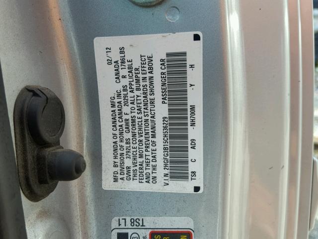 2HGFG3B15CH536229 - 2012 HONDA CIVIC EXL SILVER photo 10