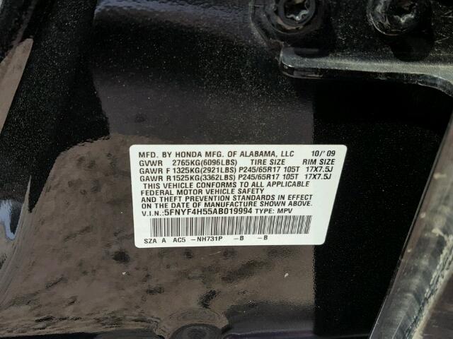 5FNYF4H55AB019994 - 2010 HONDA PILOT BLACK photo 10