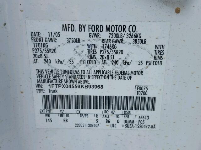 1FTPX04556KB93968 - 2006 FORD F150 WHITE photo 10