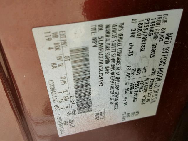 5LMFU27R43LJ39493 - 2003 LINCOLN NAVIGATOR BURGUNDY photo 10