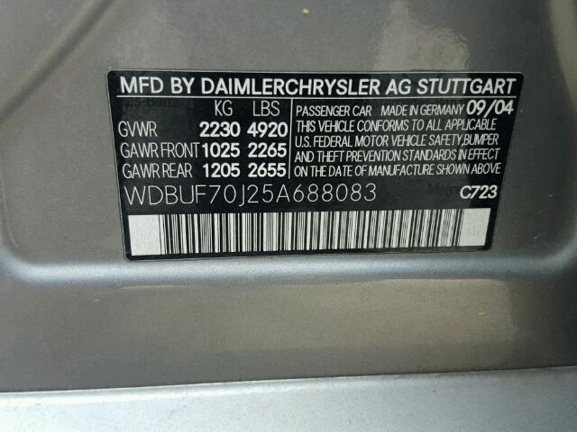 WDBUF70J25A688083 - 2005 MERCEDES-BENZ E500 GRAY photo 10