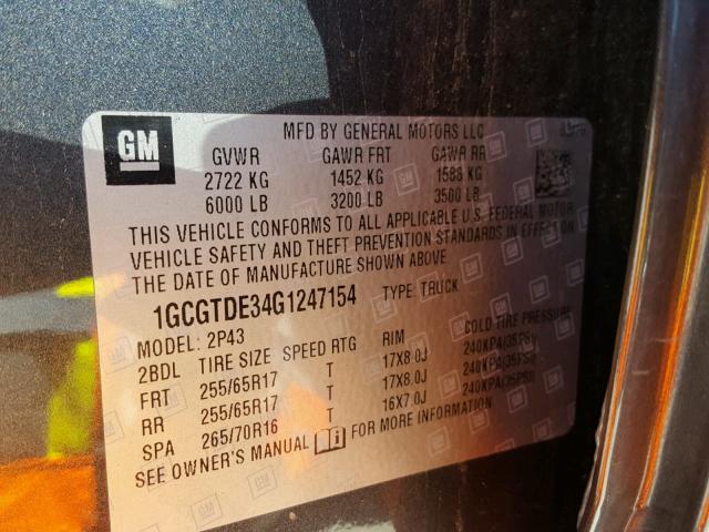 1GCGTDE34G1247154 - 2016 CHEVROLET COLORADO Z CHARCOAL photo 10