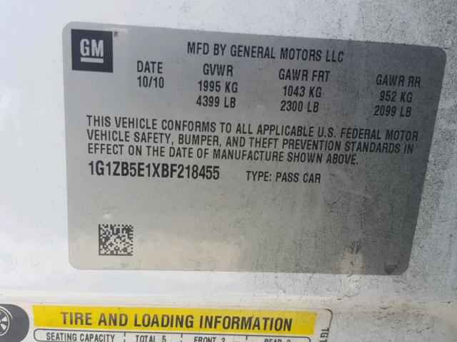 1G1ZB5E1XBF218455 - 2011 CHEVROLET MALIBU LS თეთრი ფოტო 10