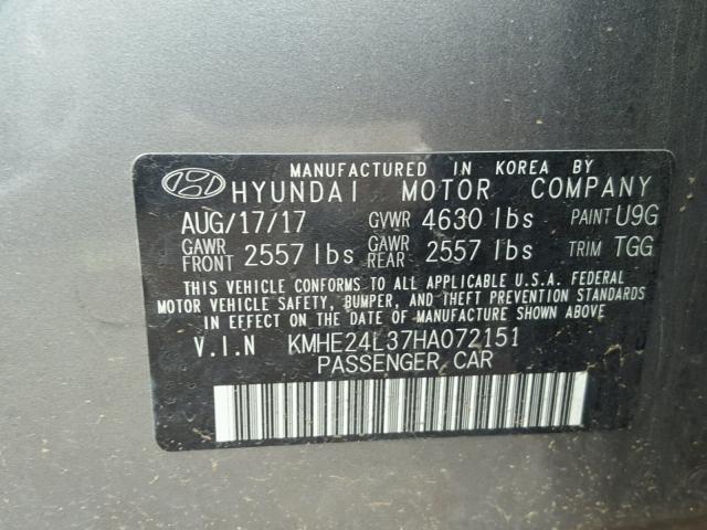 KMHE24L37HA072151 - 2017 HYUNDAI SONATA HYB GRAY photo 10