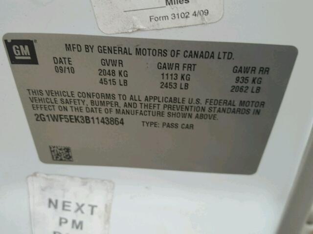 2G1WF5EK3B1143864 - 2011 CHEVROLET IMPALA LS WHITE photo 10