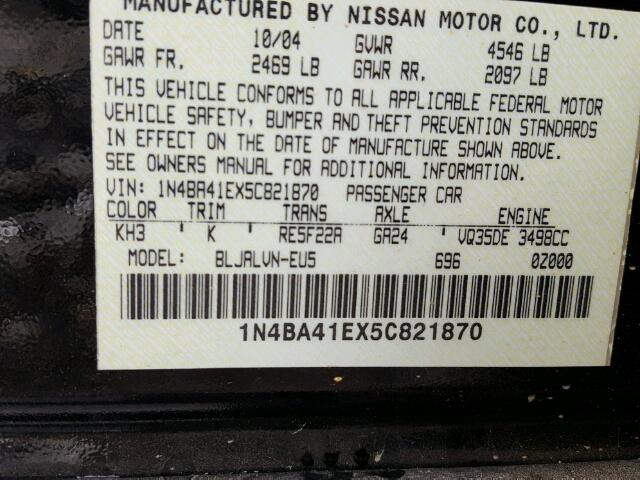 1N4BA41EX5C821870 - 2005 NISSAN MAXIMA SE/ BLACK photo 10