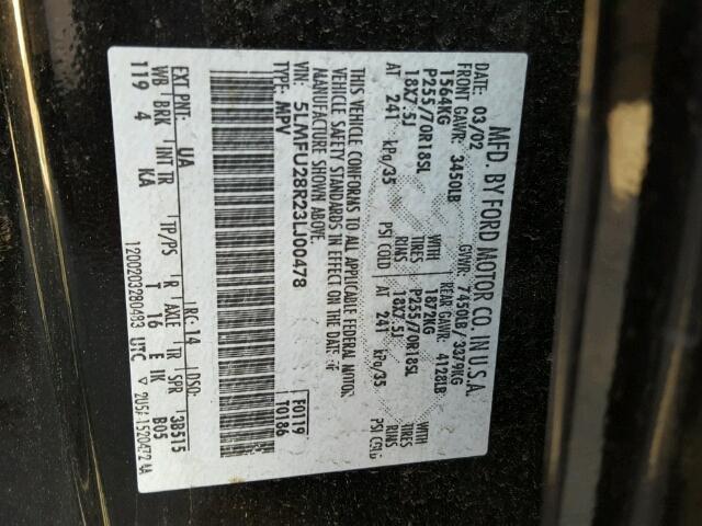 5LMFU28R23LJ00478 - 2003 LINCOLN NAVIGATOR BLACK photo 10