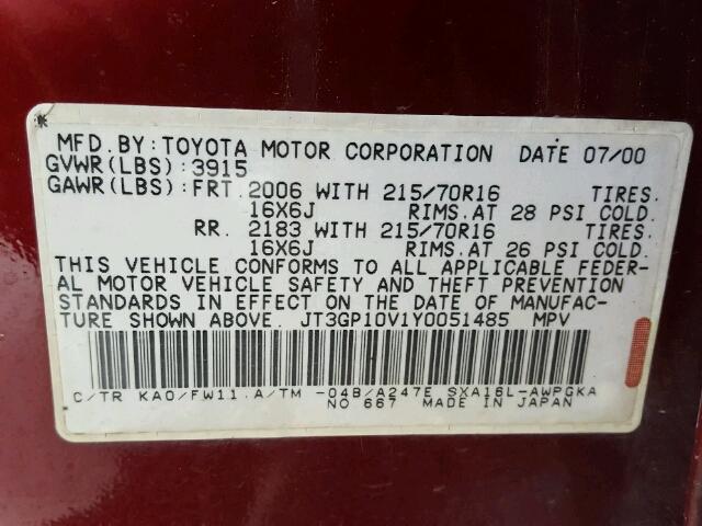 JT3GP10V1Y0051485 - 2000 TOYOTA RAV4 PURPLE photo 10