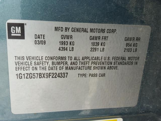 1G1ZG57BX9F224337 - 2009 CHEVROLET MALIBU LS 蓝色 照片 10