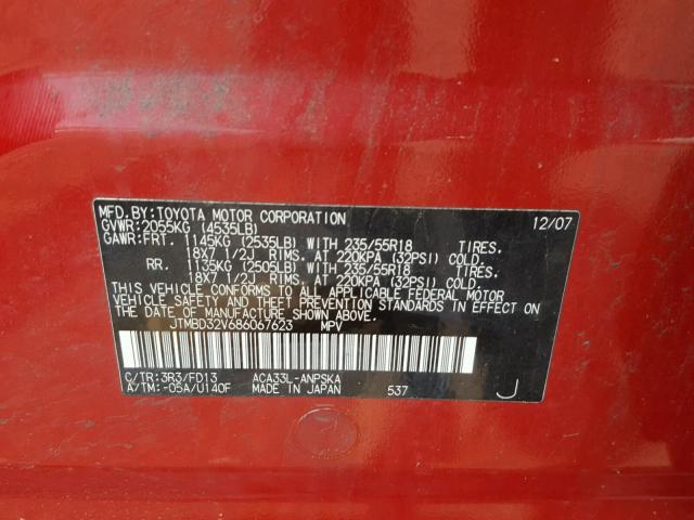 JTMBD32V686067623 - 2008 TOYOTA RAV4 SPORT RED photo 10