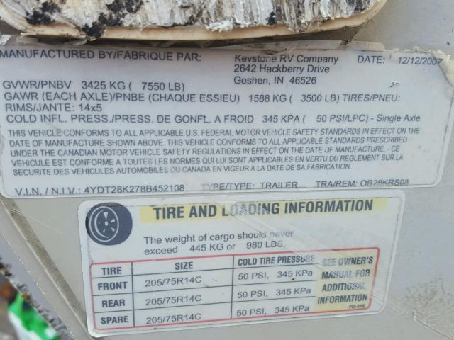 4YDT28K278B452108 - 2008 KEYSTONE OUTBACK WHITE photo 10