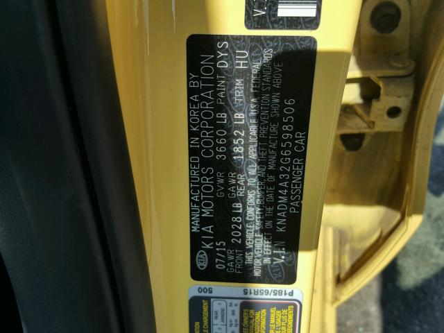 KNADM4A32G6598506 - 2016 KIA RIO LX YELLOW photo 10