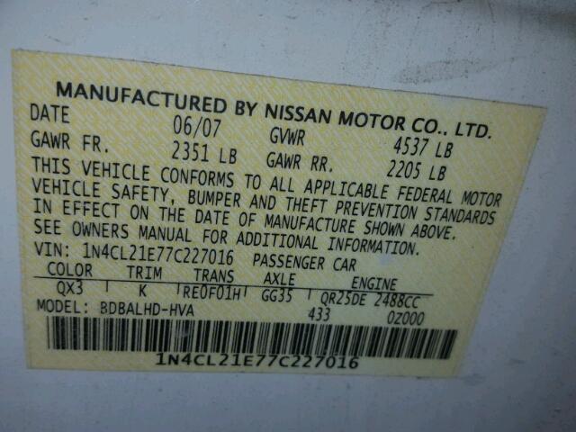 1N4CL21E77C227016 - 2007 NISSAN ALTIMA HYB WHITE photo 10